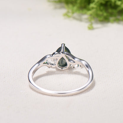 Moss Agate Engagement Ring with Emerald Accents, Rose Gold Nature-Inspired Twig Ring, Unique Handcrafted Botanical Jewelry for Her - PENFINE