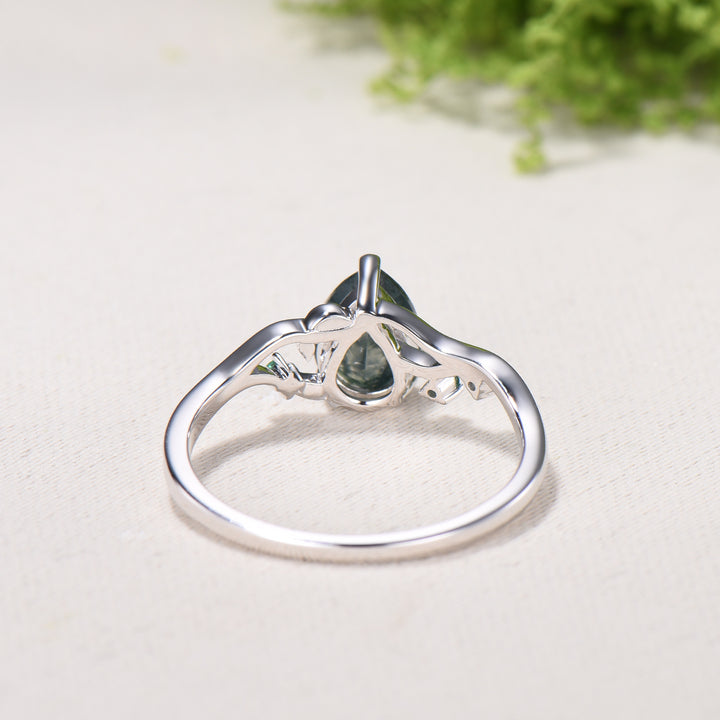 Moss Agate Engagement Ring with Emerald Accents, Rose Gold Nature-Inspired Twig Ring, Unique Handcrafted Botanical Jewelry for Her - PENFINE
