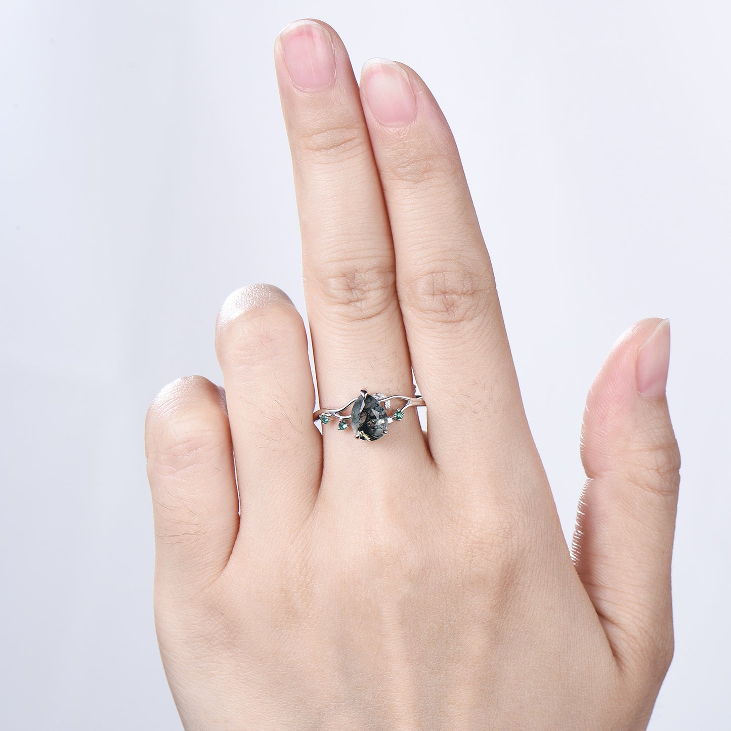 Moss Agate Engagement Ring with Emerald Accents, Rose Gold Nature-Inspired Twig Ring, Unique Handcrafted Botanical Jewelry for Her - PENFINE