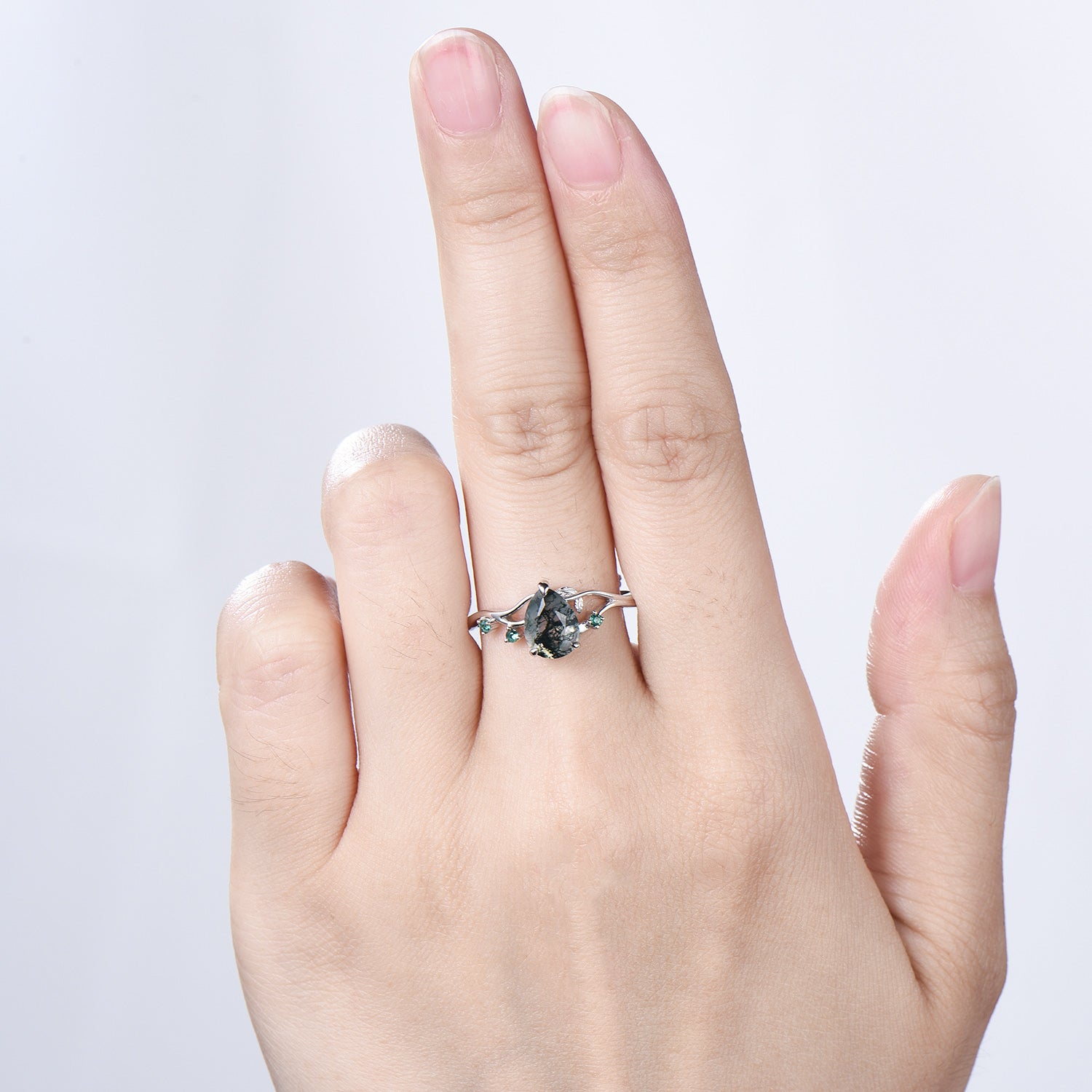 Moss Agate Engagement Ring with Emerald Accents, Rose Gold Nature-Inspired Twig Ring, Unique Handcrafted Botanical Jewelry for Her - PENFINE