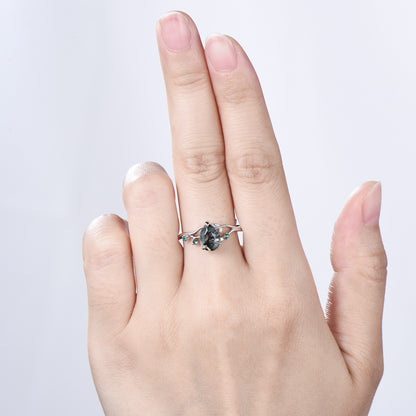 Moss Agate Engagement Ring with Emerald Accents, Rose Gold Nature-Inspired Twig Ring, Unique Handcrafted Botanical Jewelry for Her - PENFINE
