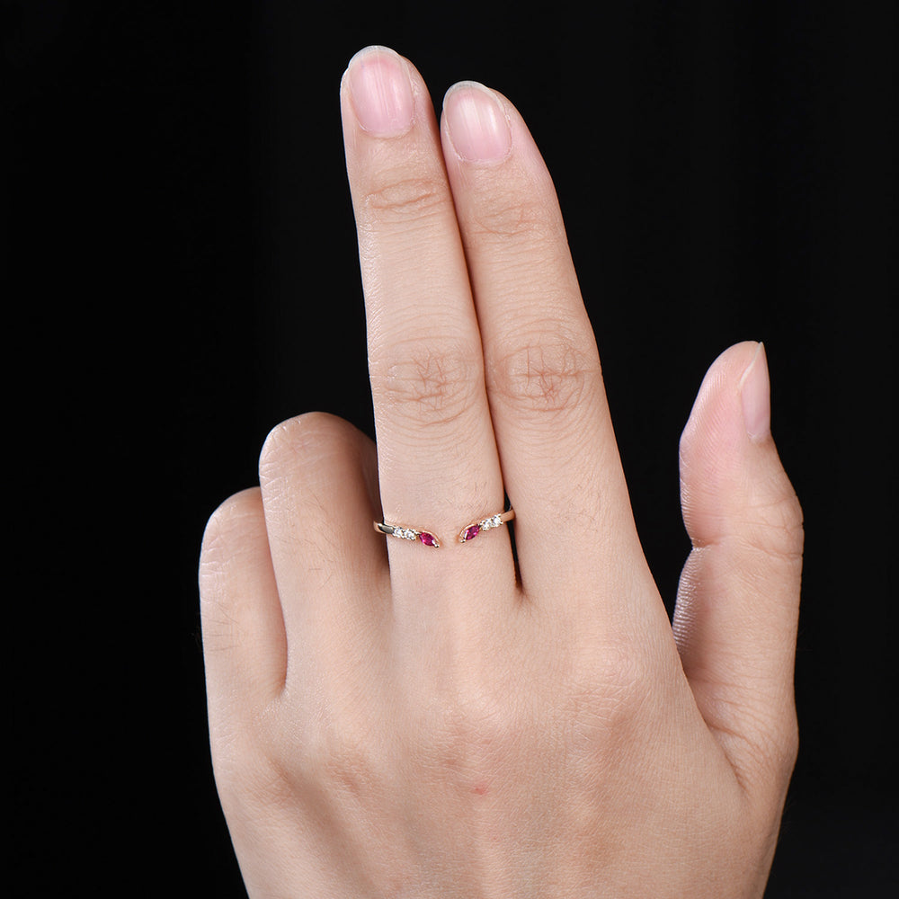 Unique Marquise Cut Ruby wedding ring vintage Moissanite wedding band Rose Gold open gap stacking band July birthstone anniversary gift her - PENFINE