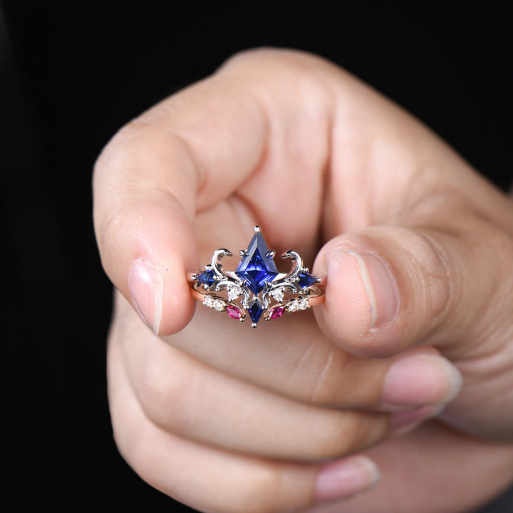 Unique Sapphire Ring Set Vintage Kite Cut Blue Sapphire Engagement Ring Open Gap Ruby Wedding Band Gold Bridal Set Anniversary Promise Gifts - PENFINE