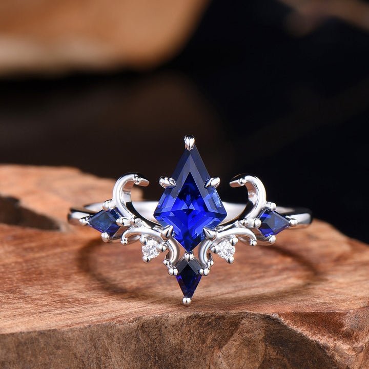 Unique Sapphire Ring Set Vintage Kite Cut Blue Sapphire Engagement Ring Open Gap Ruby Wedding Band Gold Bridal Set Anniversary Promise Gifts - PENFINE