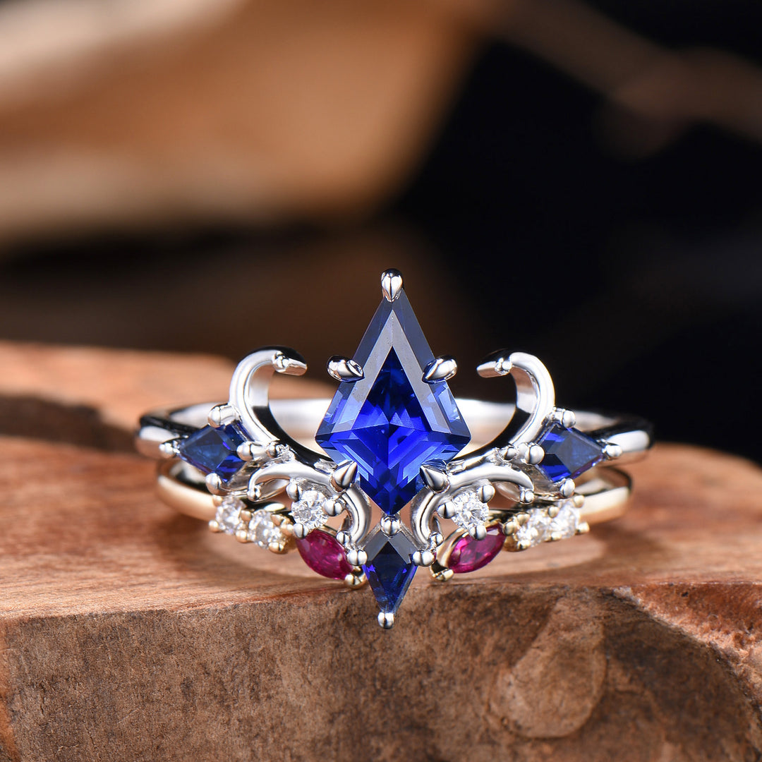 Unique Sapphire Ring Set Vintage Kite Cut Blue Sapphire Engagement Ring Open Gap Ruby Wedding Band Gold Bridal Set Anniversary Promise Gifts - PENFINE