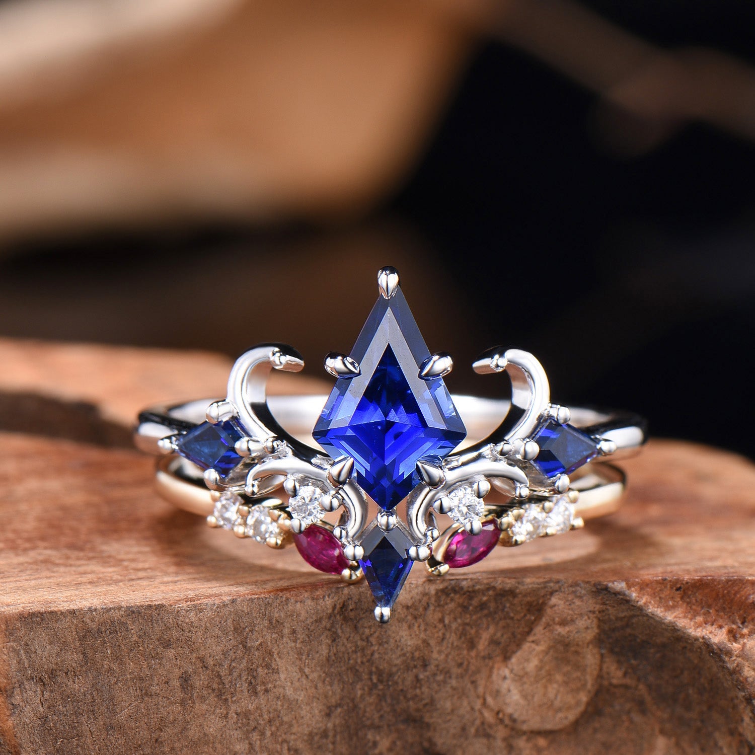 Unique Sapphire Ring Set Vintage Kite Cut Blue Sapphire Engagement Ring Open Gap Ruby Wedding Band Gold Bridal Set Anniversary Promise Gifts - PENFINE