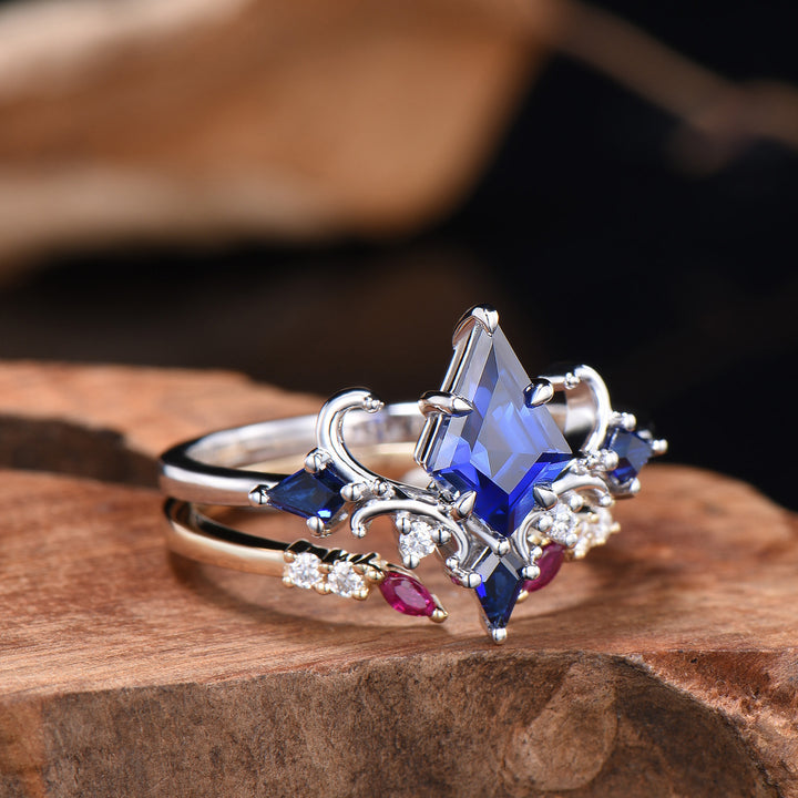 Unique Sapphire Ring Set Vintage Kite Cut Blue Sapphire Engagement Ring Open Gap Ruby Wedding Band Gold Bridal Set Anniversary Promise Gifts - PENFINE