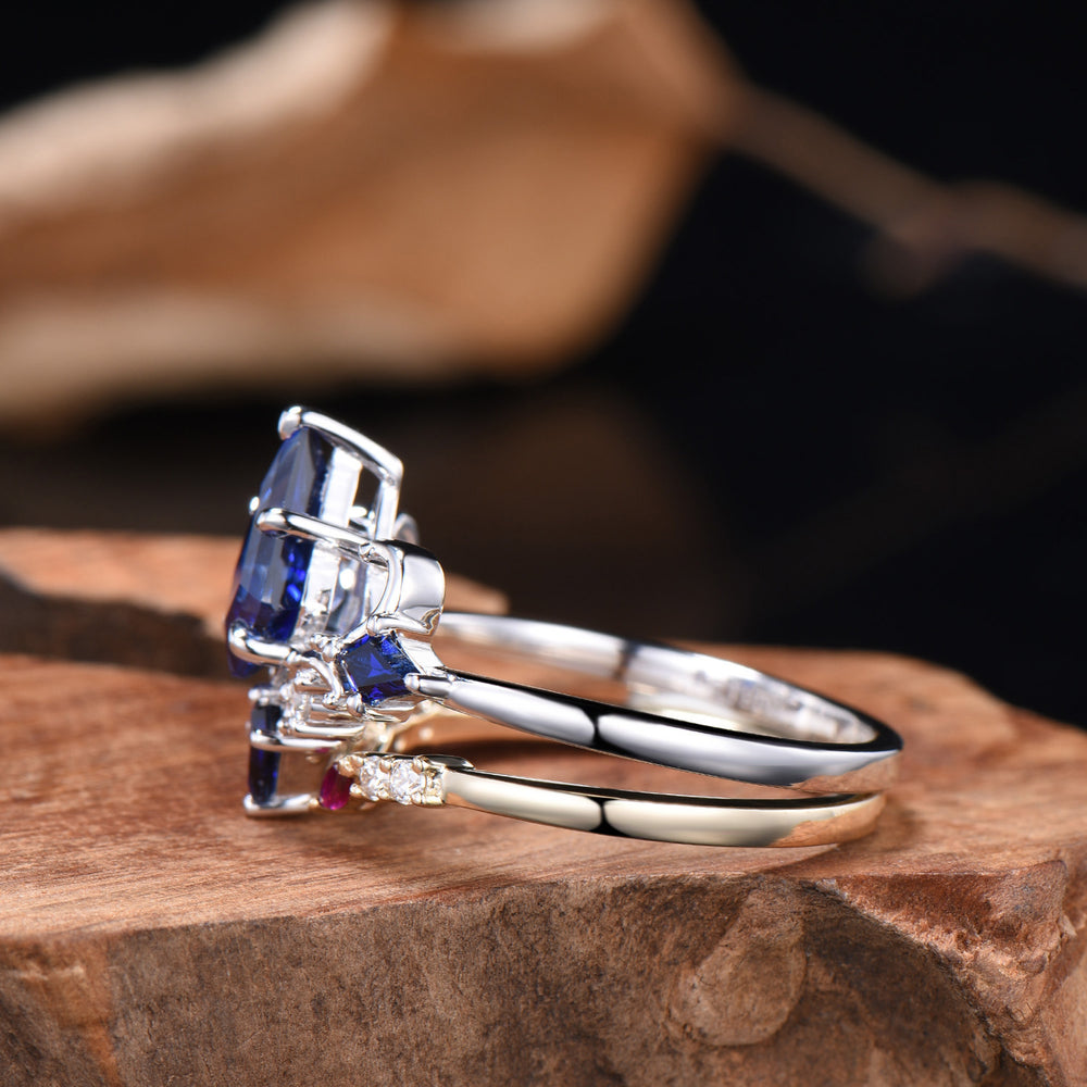 Unique Sapphire Ring Set Vintage Kite Cut Blue Sapphire Engagement Ring Open Gap Ruby Wedding Band Gold Bridal Set Anniversary Promise Gifts - PENFINE