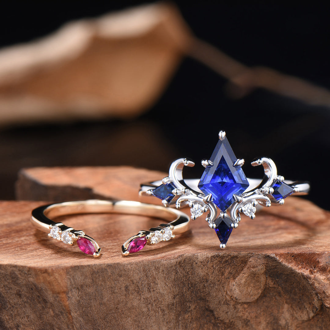 Unique Sapphire Ring Set Vintage Kite Cut Blue Sapphire Engagement Ring Open Gap Ruby Wedding Band Gold Bridal Set Anniversary Promise Gifts - PENFINE