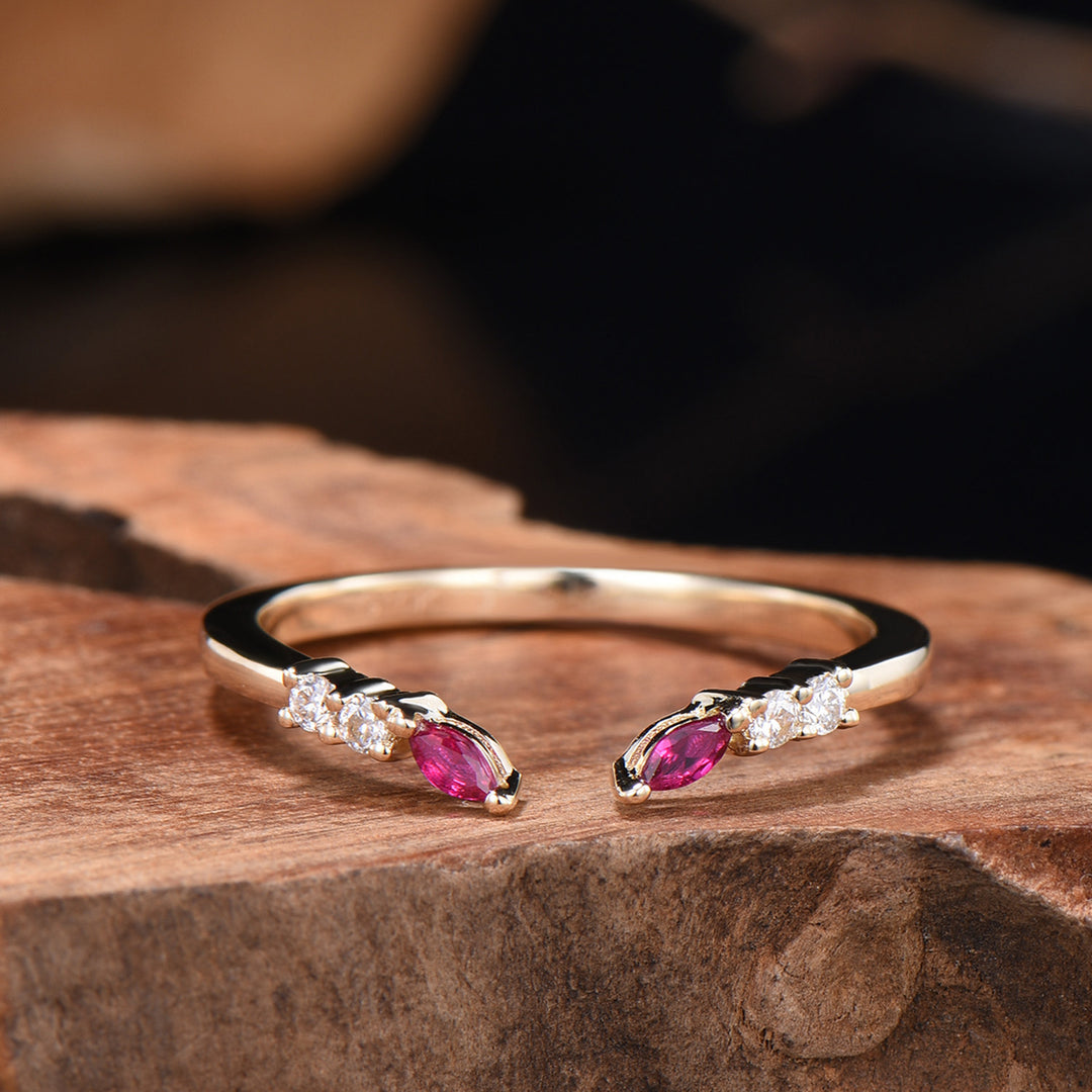 Unique Marquise Cut Ruby wedding ring vintage Moissanite wedding band Rose Gold open gap stacking band July birthstone anniversary gift her - PENFINE