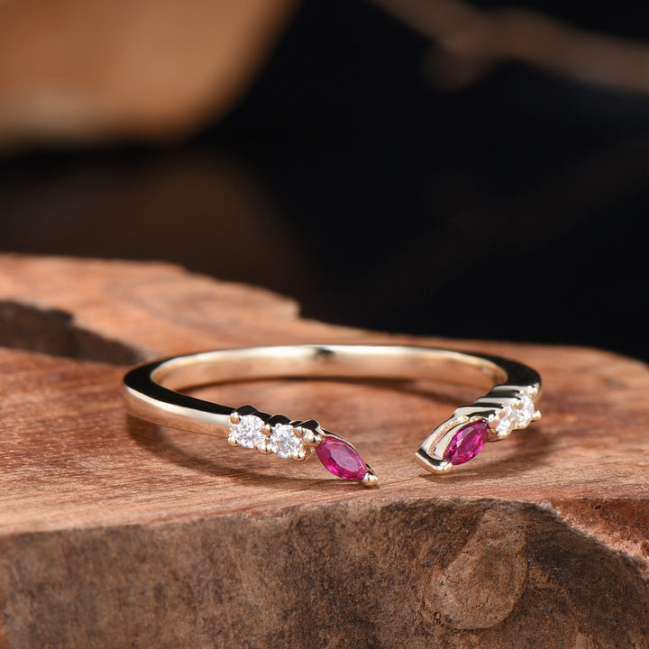 Unique Marquise Cut Ruby wedding ring vintage Moissanite wedding band Rose Gold open gap stacking band July birthstone anniversary gift her - PENFINE