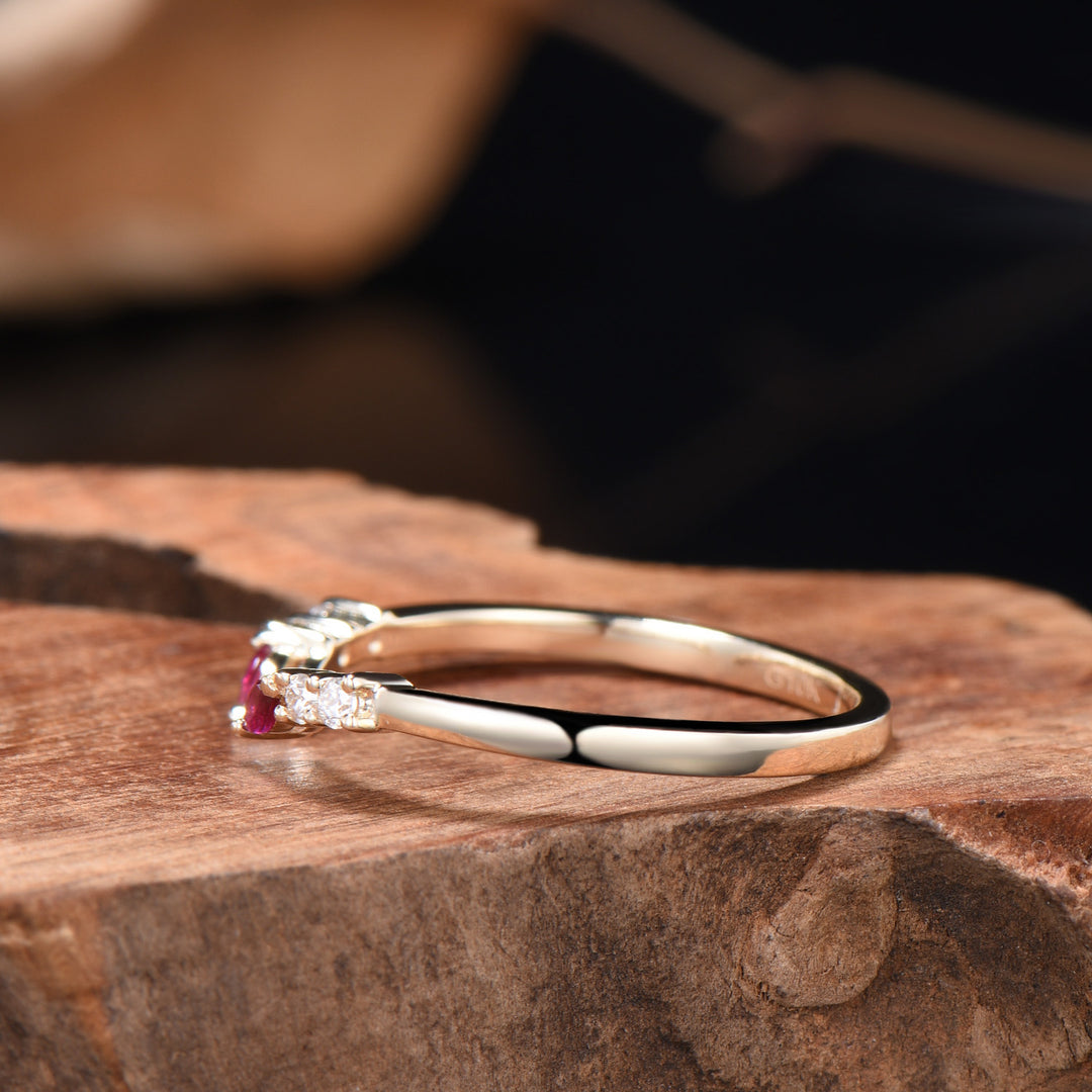 Unique Marquise Cut Ruby wedding ring vintage Moissanite wedding band Rose Gold open gap stacking band July birthstone anniversary gift her - PENFINE