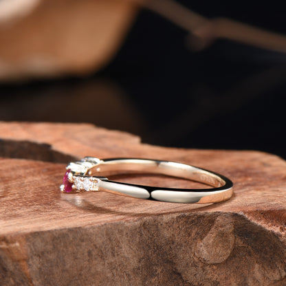Unique Marquise Cut Ruby wedding ring vintage Moissanite wedding band Rose Gold open gap stacking band July birthstone anniversary gift her - PENFINE