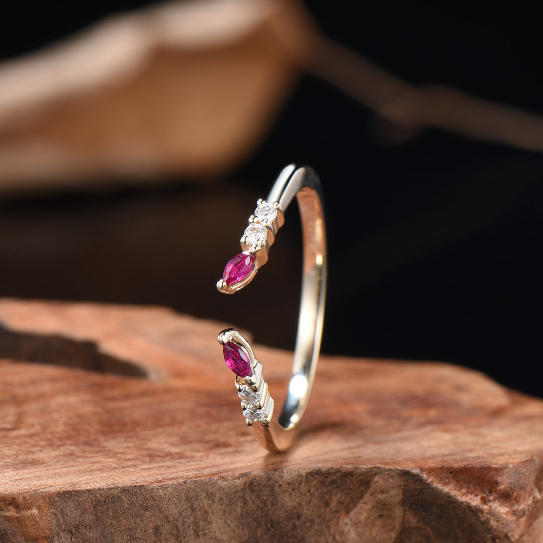 Unique Marquise Cut Ruby wedding ring vintage Moissanite wedding band Rose Gold open gap stacking band July birthstone anniversary gift her - PENFINE