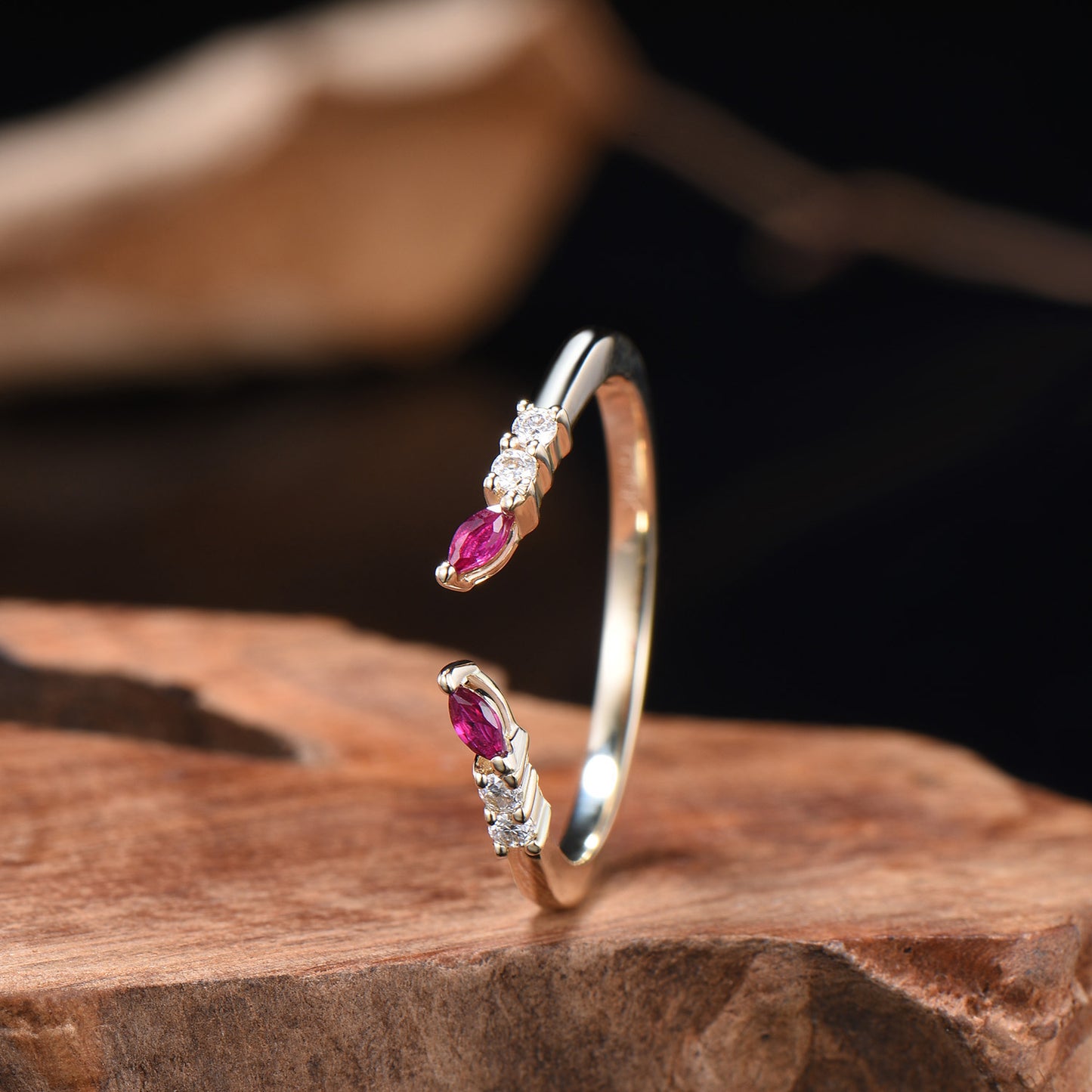 Unique Marquise Cut Ruby wedding ring vintage Moissanite wedding band Rose Gold open gap stacking band July birthstone anniversary gift her - PENFINE