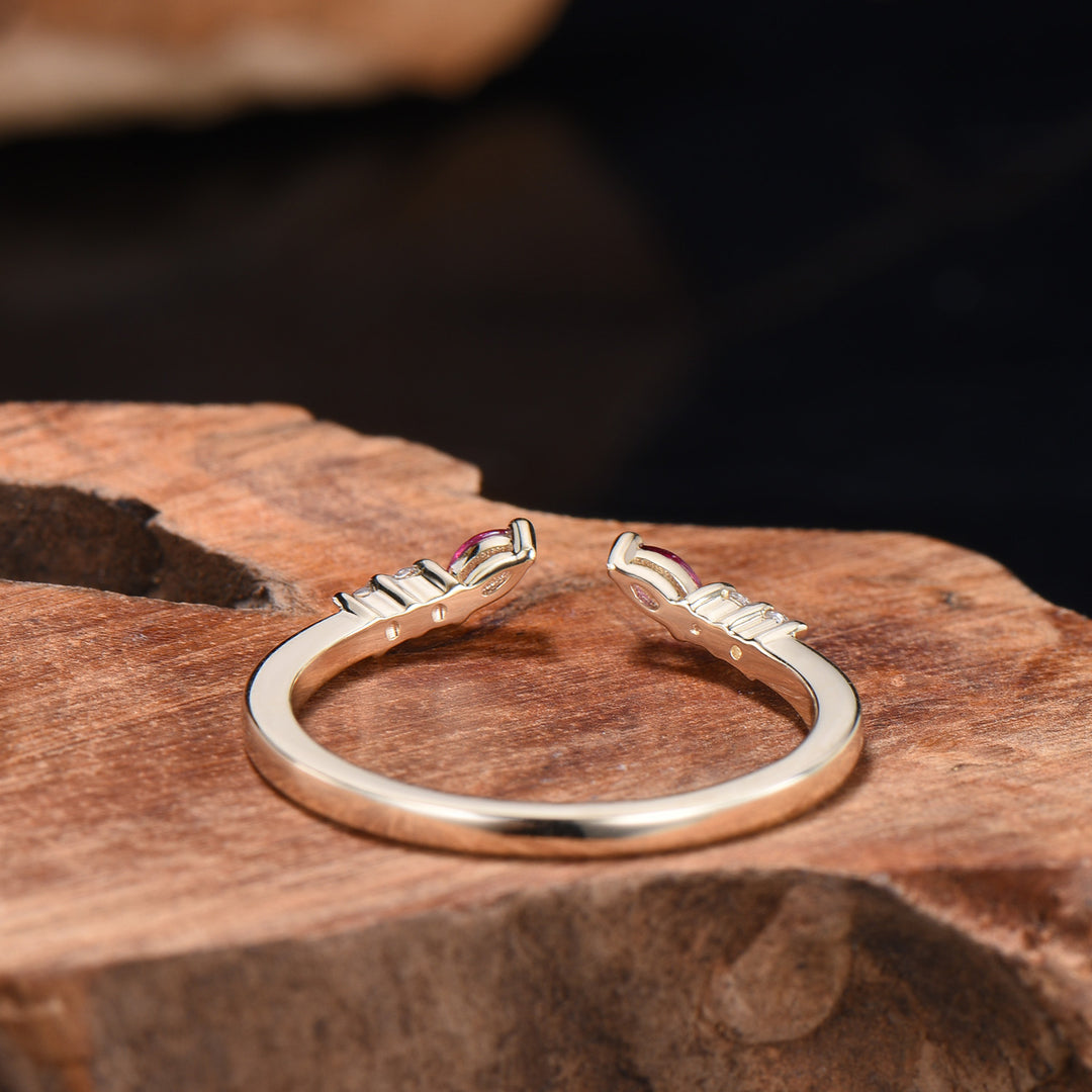 Unique Marquise Cut Ruby wedding ring vintage Moissanite wedding band Rose Gold open gap stacking band July birthstone anniversary gift her - PENFINE