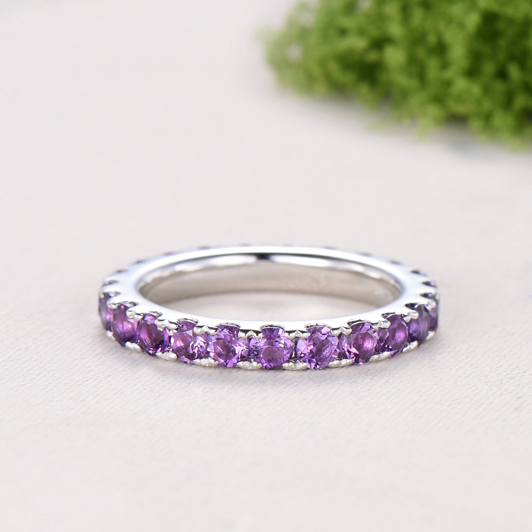 3mm Full Eternity Amethyst Wedding Ring, Retro White Gold Pave Setting Stacking Bnad