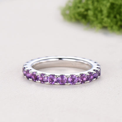 3mm Full Eternity Amethyst Wedding Ring, Retro White Gold Pave Setting Stacking Bnad
