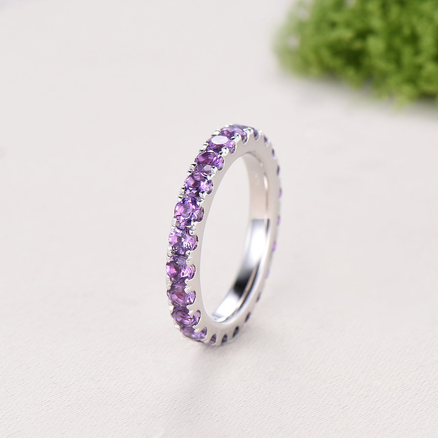 3mm Full Eternity Amethyst Wedding Ring, Retro White Gold Pave Setting Stacking Bnad