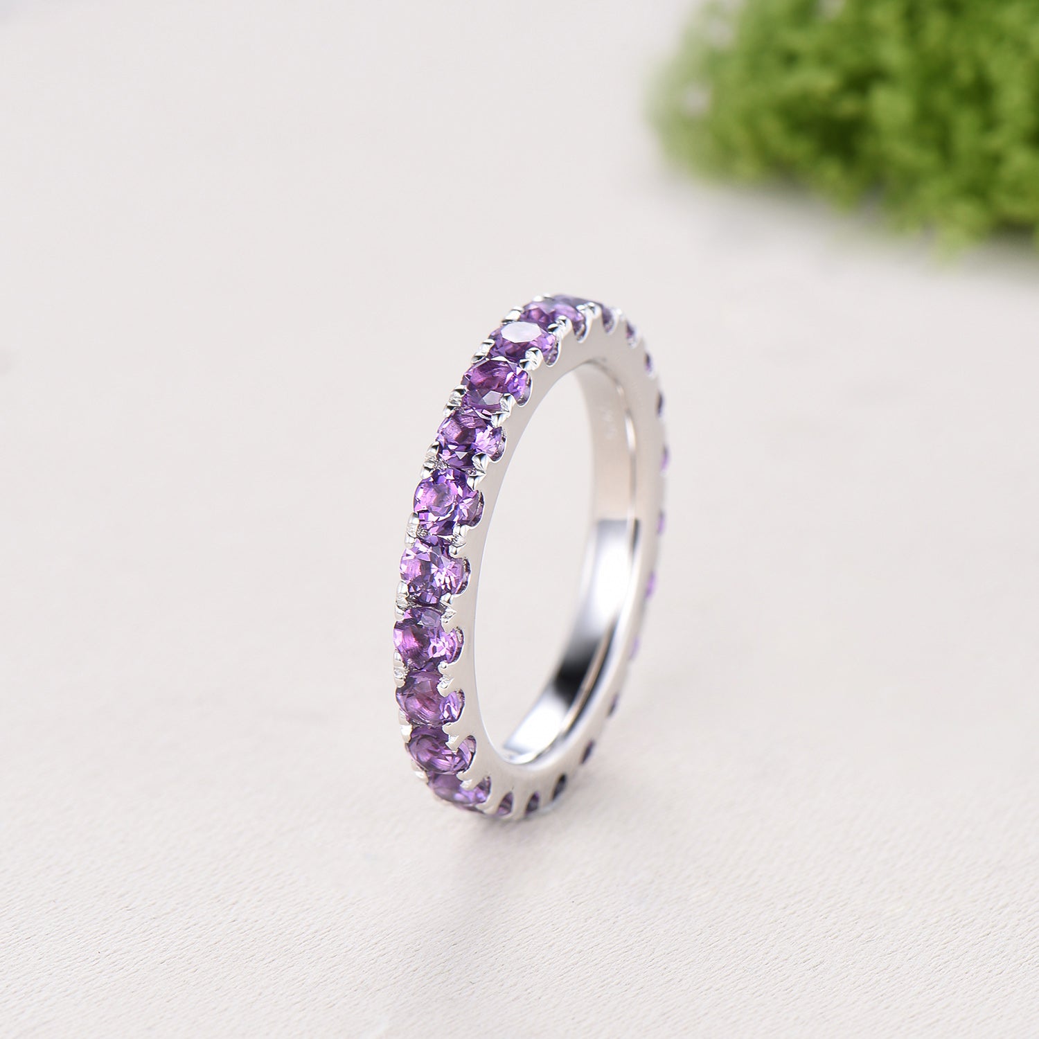 3mm Full Eternity Amethyst Wedding Ring, Retro White Gold Pave Setting Stacking Bnad