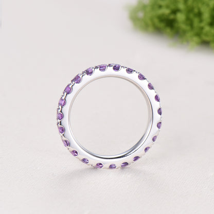 3mm Full Eternity Amethyst Wedding Ring, Retro White Gold Pave Setting Stacking Bnad