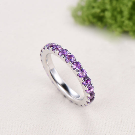3mm Full Eternity Amethyst Wedding Ring, Retro White Gold Pave Setting Stacking Bnad