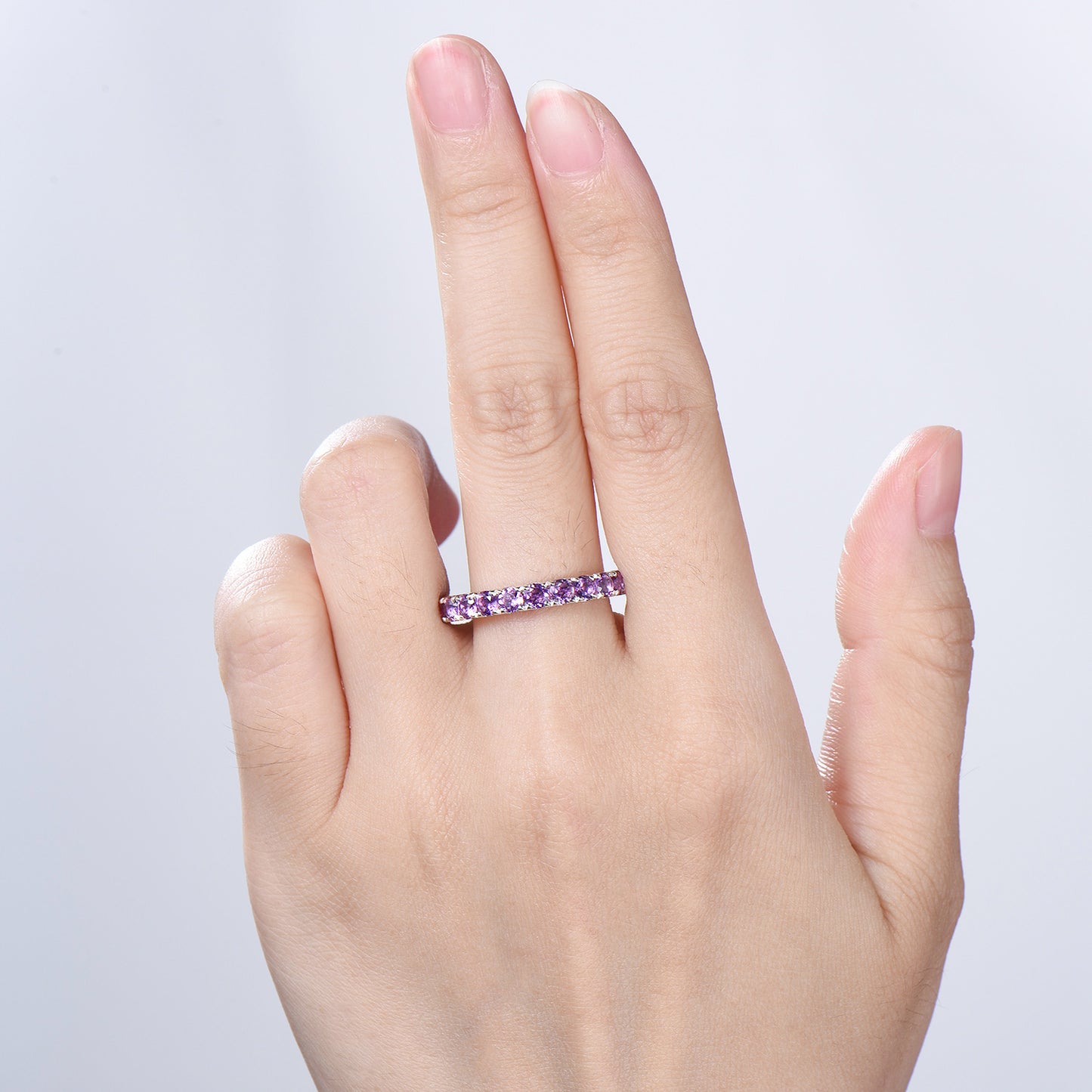 3mm Full Eternity Amethyst Wedding Ring, Retro White Gold Pave Setting Stacking Bnad
