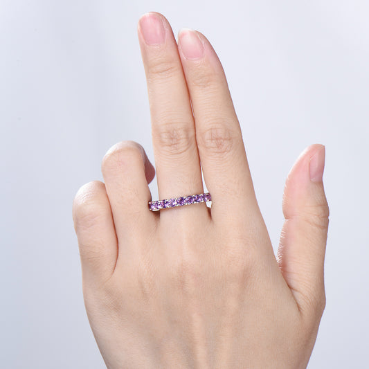 3mm Full Eternity Amethyst Wedding Ring, Retro White Gold Pave Setting Stacking Bnad