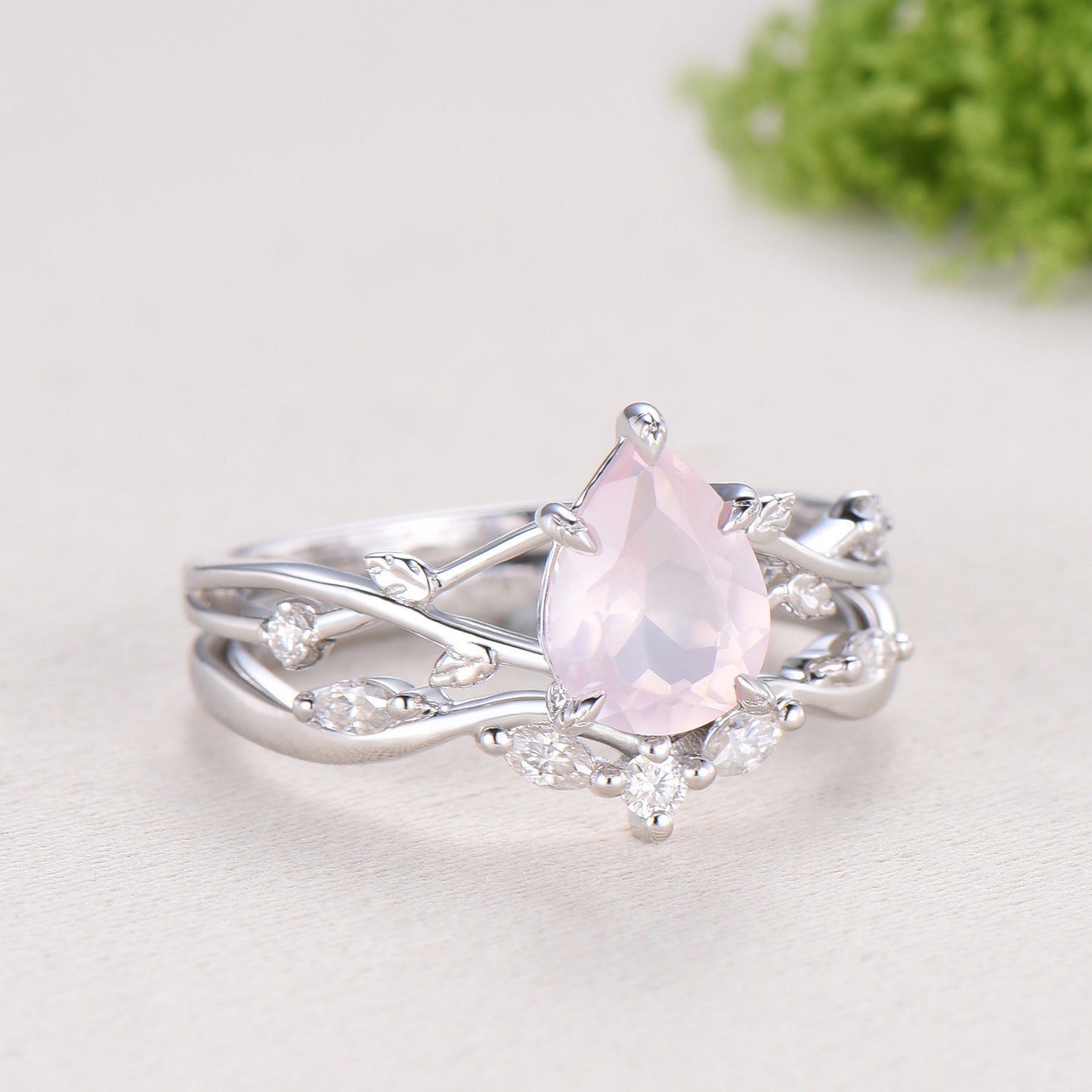 Rose Quartz Engagement Ring Set: Vintage Leaf Twig Bridal Set
