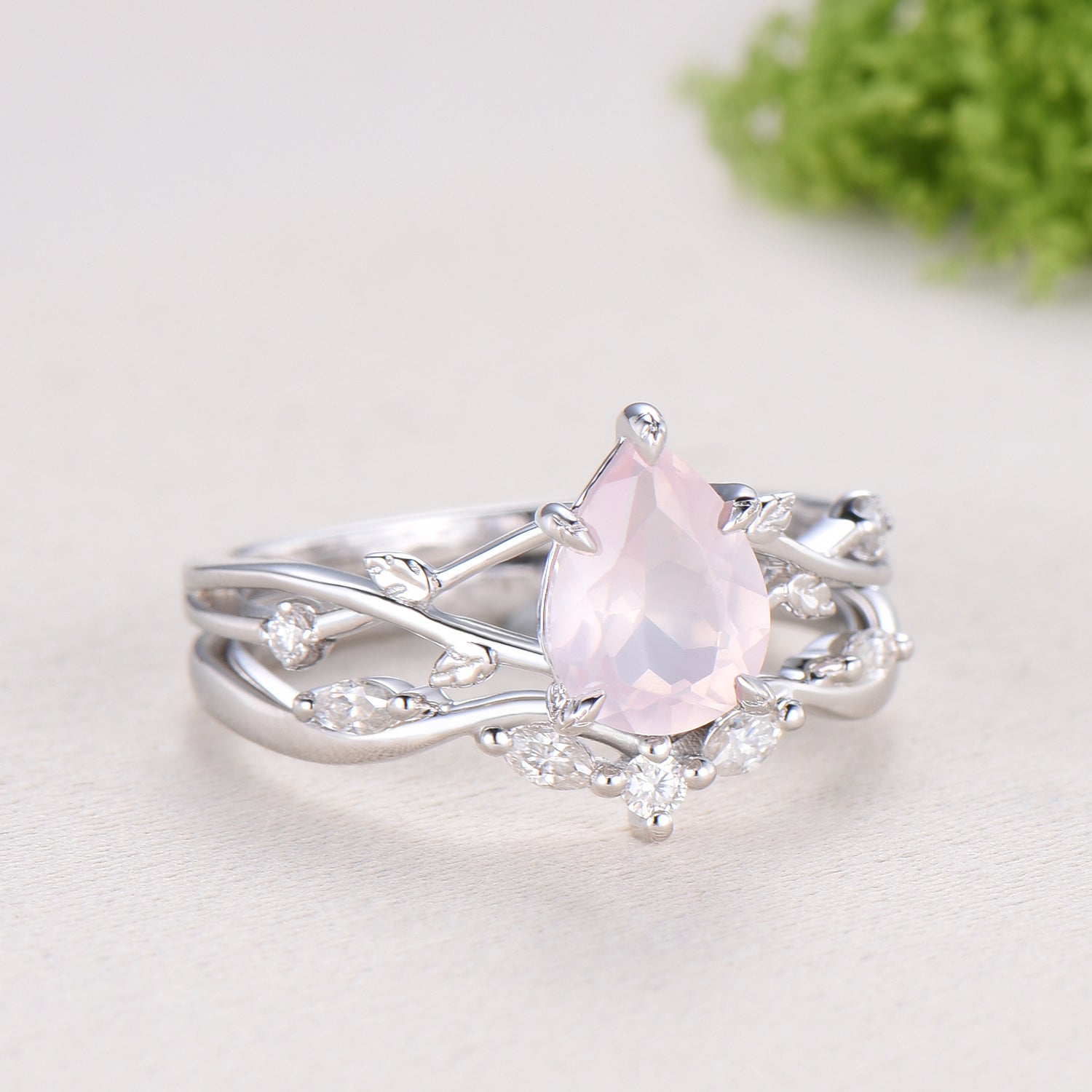 Rose Quartz Engagement Ring Set: Vintage Leaf Twig Bridal Set