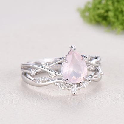 Rose Quartz Engagement Ring Set: Vintage Leaf Twig Bridal Set