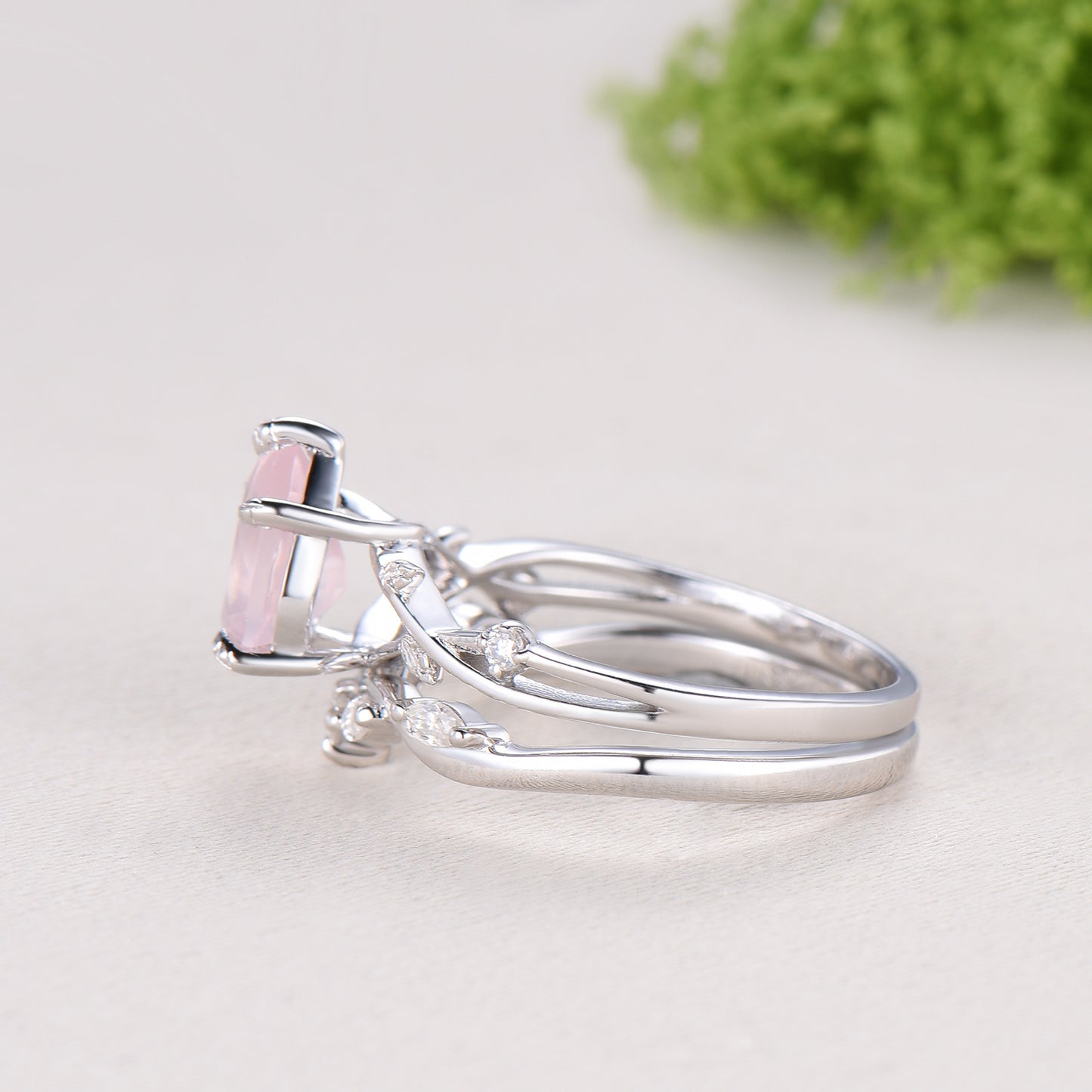 Rose Quartz Engagement Ring Set: Vintage Leaf Twig Bridal Set