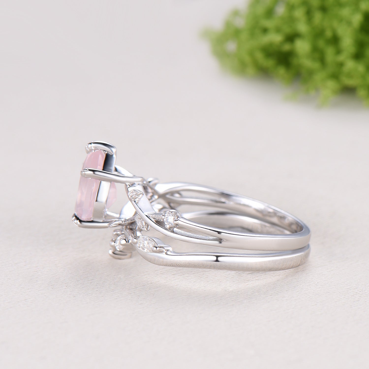 Rose Quartz Engagement Ring Set: Vintage Leaf Twig Bridal Set