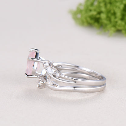 Rose Quartz Engagement Ring Set: Vintage Leaf Twig Bridal Set