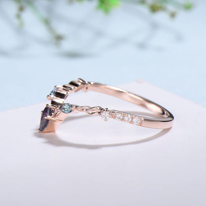 Curved V alexandrite wedding band rose gold twisted leaf matching band for women unique art deco stacking ring moissanite anniversary gift - PENFINE