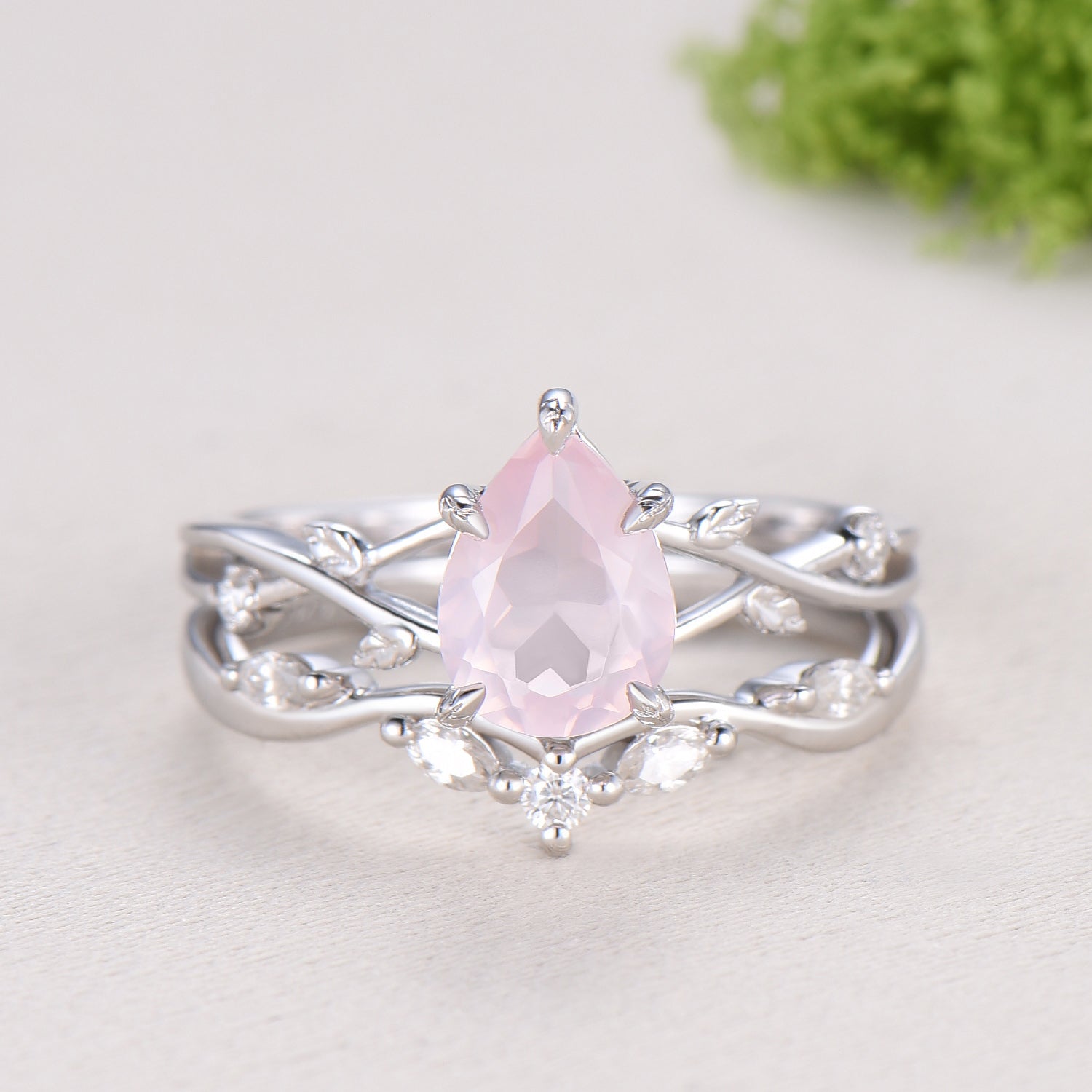 Rose Quartz Engagement Ring Set: Vintage Leaf Twig Bridal Set