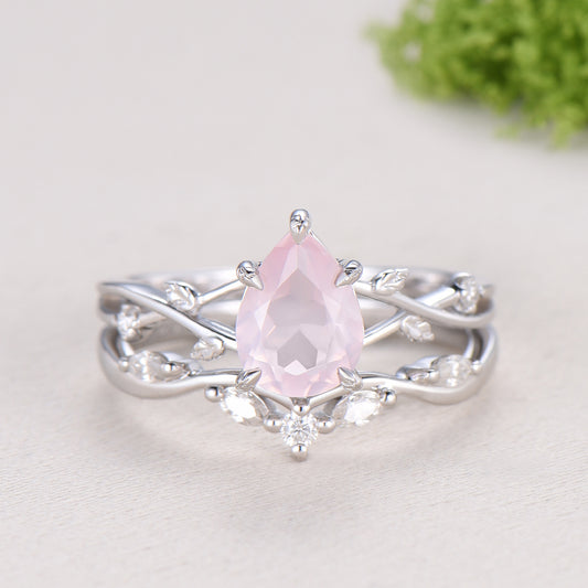 Rose Quartz Engagement Ring Set: Vintage Leaf Twig Bridal Set