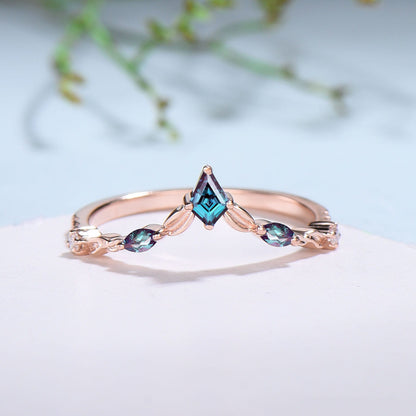 Curved V alexandrite wedding band rose gold twisted leaf matching band for women unique art deco stacking ring moissanite anniversary gift - PENFINE