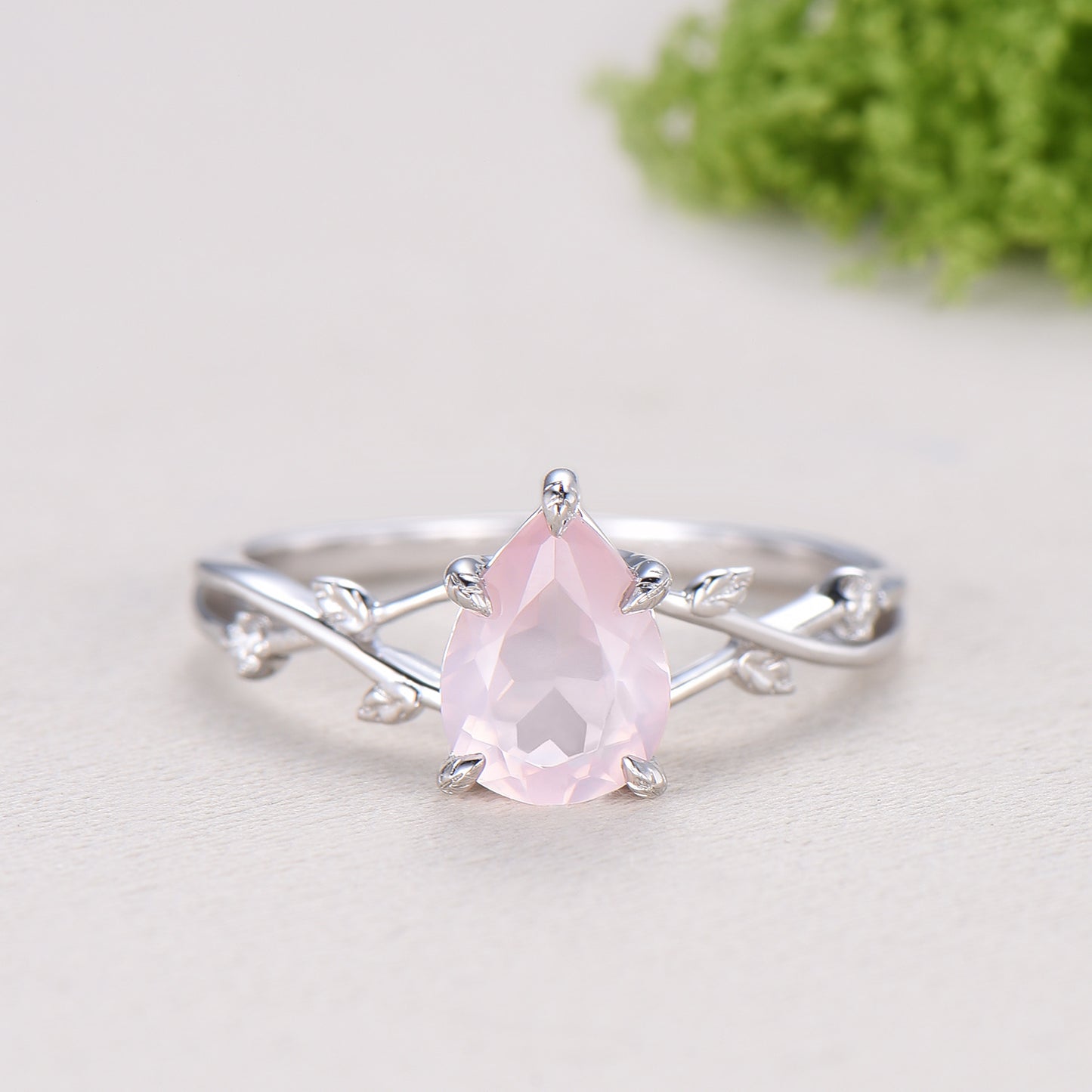 Rose Quartz Engagement Ring Set: Vintage Leaf Twig Bridal Set