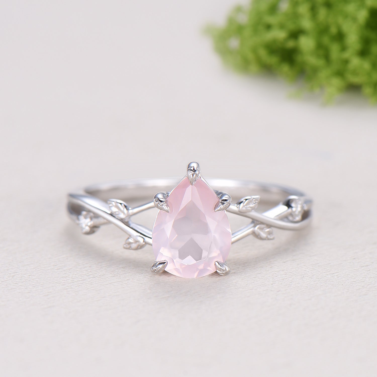 Rose Quartz Engagement Ring Set: Vintage Leaf Twig Bridal Set
