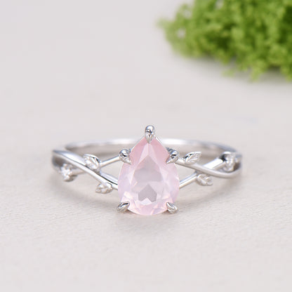 Rose Quartz Engagement Ring Set: Vintage Leaf Twig Bridal Set