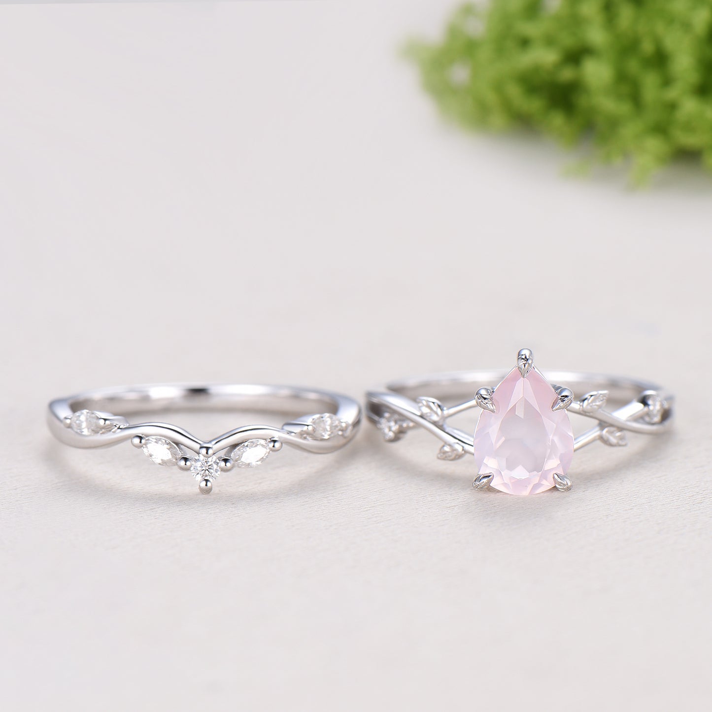Rose Quartz Engagement Ring Set: Vintage Leaf Twig Bridal Set