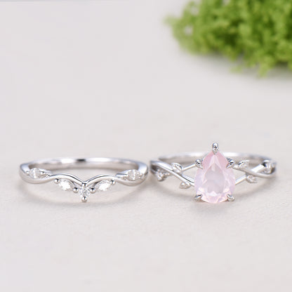 Rose Quartz Engagement Ring Set: Vintage Leaf Twig Bridal Set