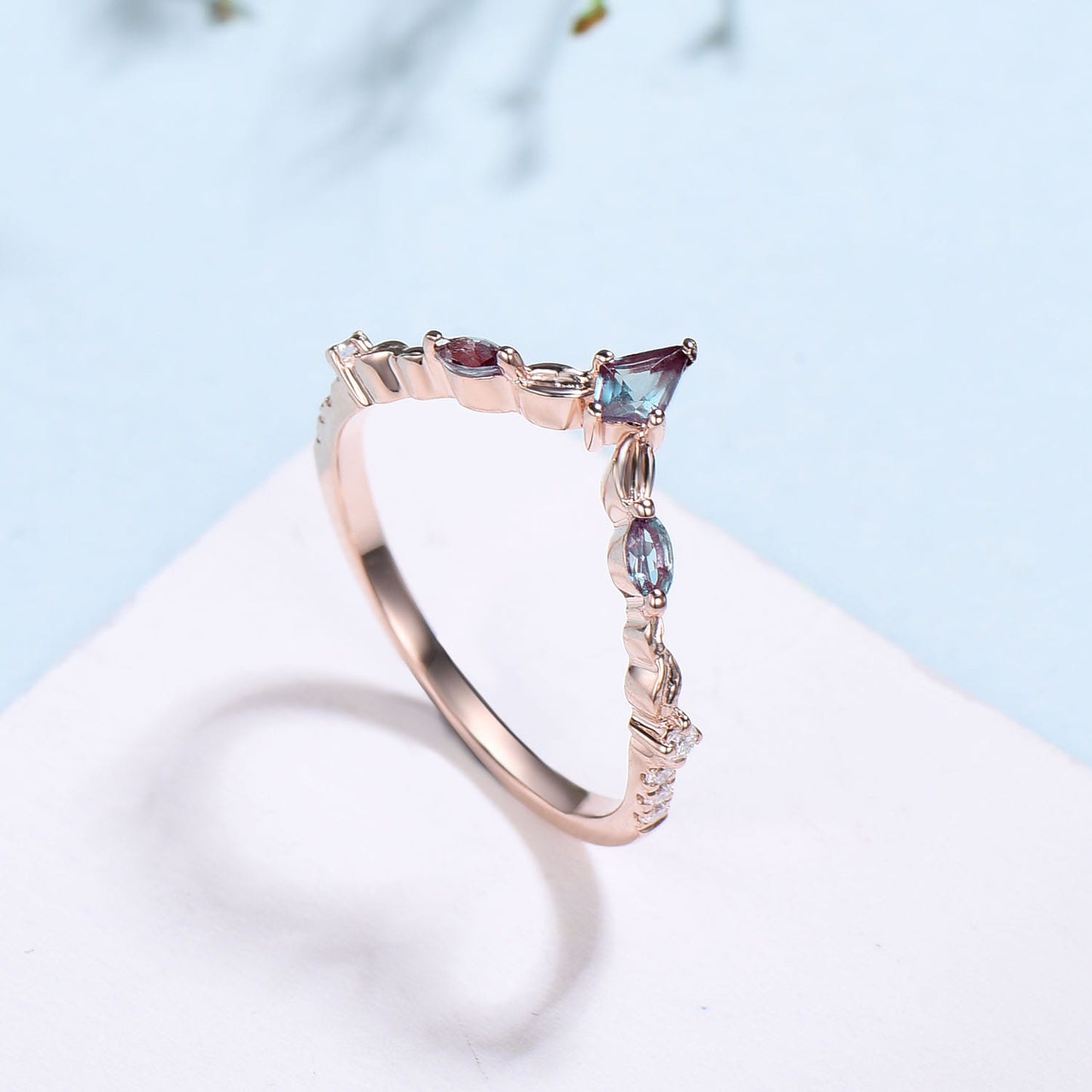 Curved V alexandrite wedding band rose gold twisted leaf matching band for women unique art deco stacking ring moissanite anniversary gift - PENFINE