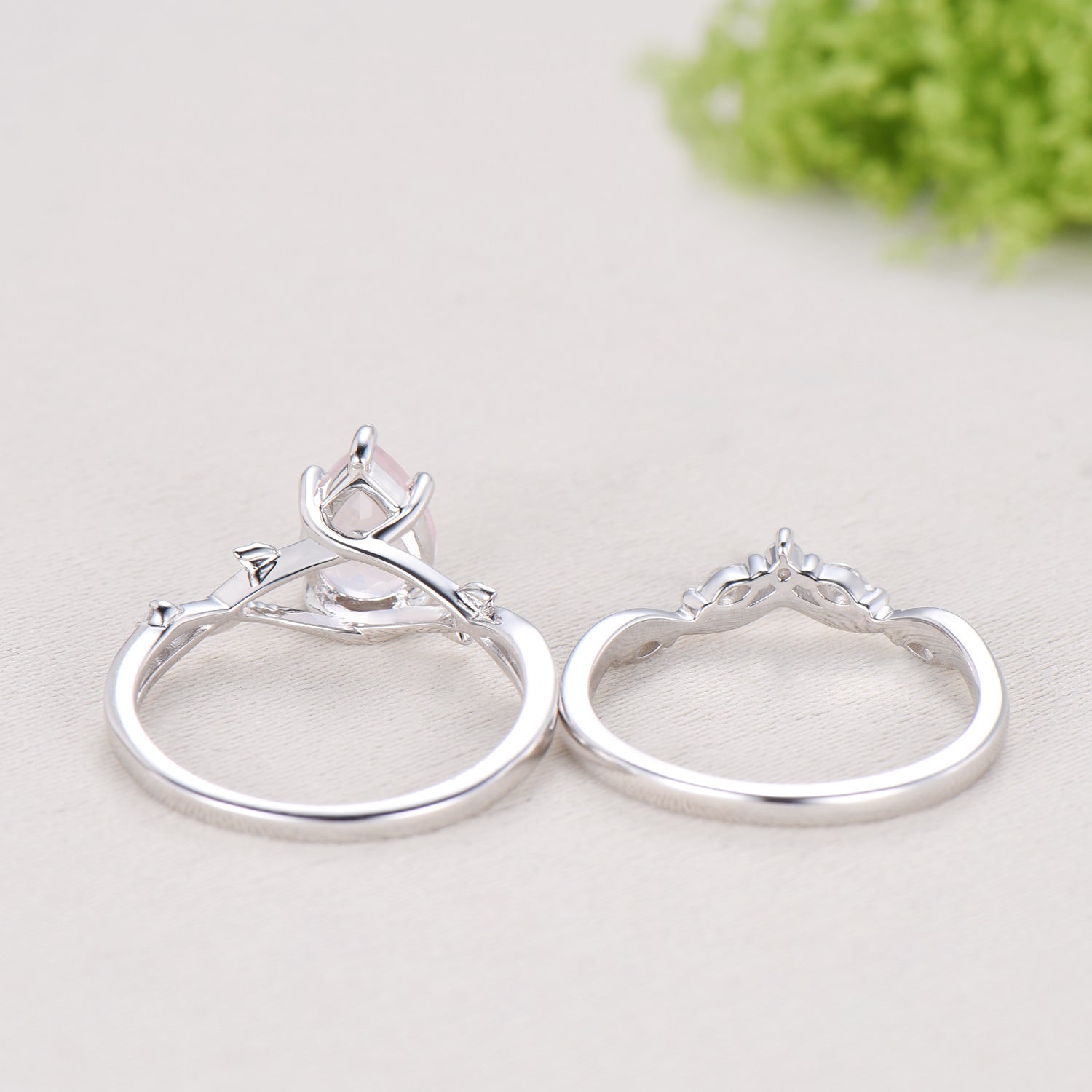 Rose Quartz Engagement Ring Set: Vintage Leaf Twig Bridal Set