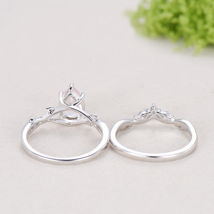 Rose Quartz Engagement Ring Set: Vintage Leaf Twig Bridal Set
