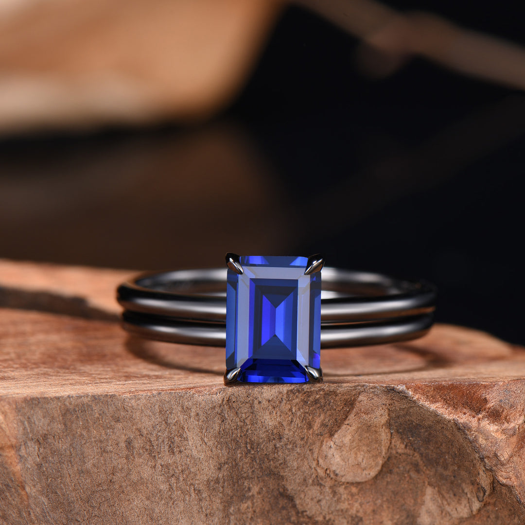 Minimalist Black Gold Emerald Cut Sapphire Engagement Ring Solitaire September Birthstone Wedding Ring Set Simple Anniversary Gifts Handmade - PENFINE
