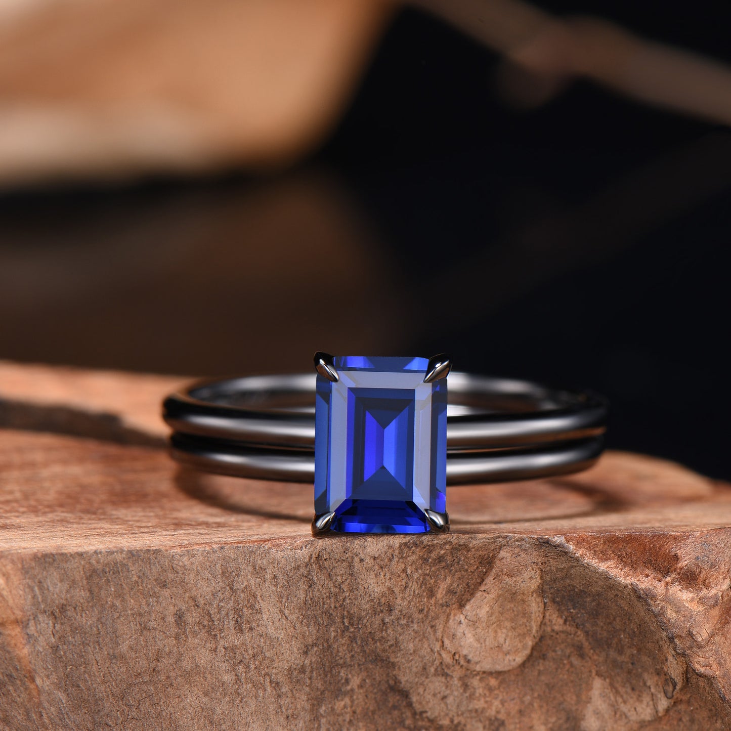 Minimalist Black Gold Emerald Cut Sapphire Engagement Ring Solitaire September Birthstone Wedding Ring Set Simple Anniversary Gifts Handmade - PENFINE