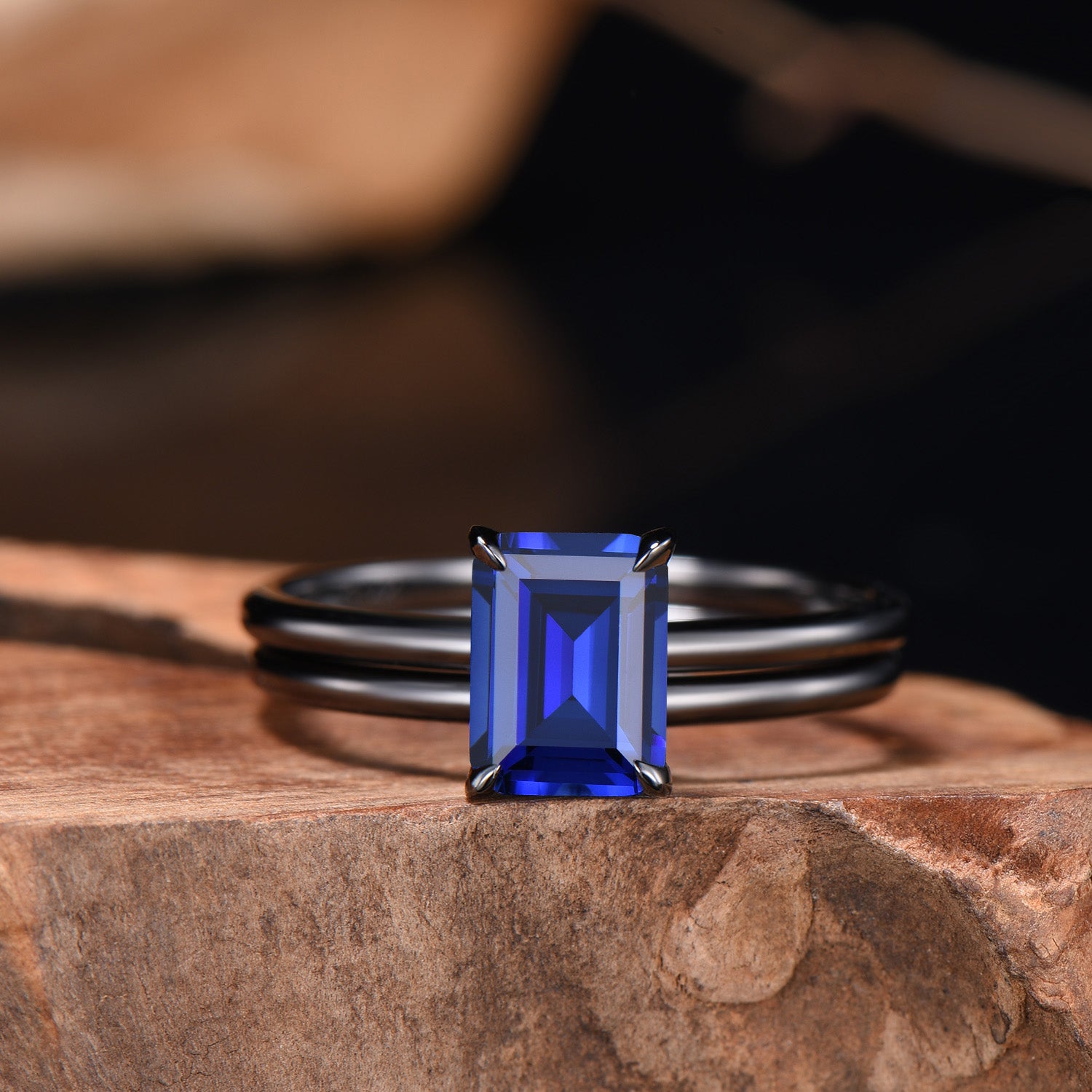 Minimalist Black Gold Emerald Cut Sapphire Engagement Ring Solitaire September Birthstone Wedding Ring Set Simple Anniversary Gifts Handmade - PENFINE
