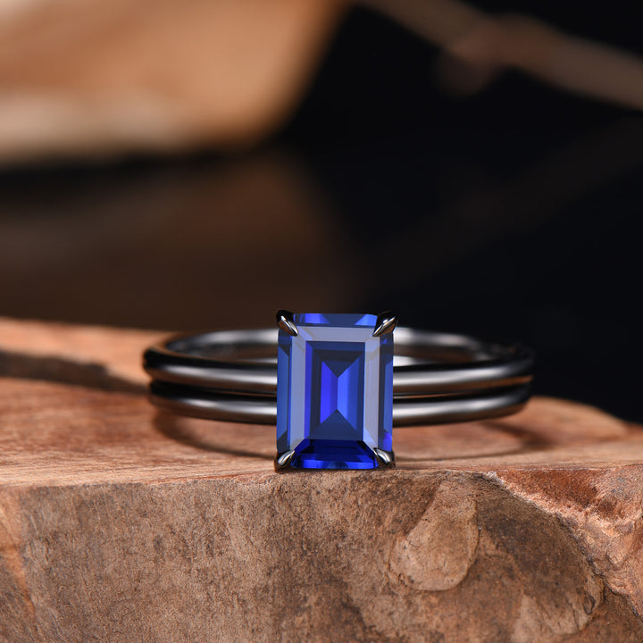 Minimalist Black Gold Emerald Cut Sapphire Engagement Ring Solitaire September Birthstone Wedding Ring Set Simple Anniversary Gifts Handmade - PENFINE